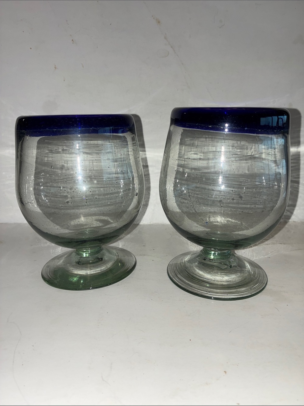 Handblown Glass Goblets with Cobalt Rim - Set of 2